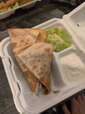 Quesadilla with carnitas. Comes with crema (I think it's tofutti based) at Doomie's NextMex - Vine in Hollywood