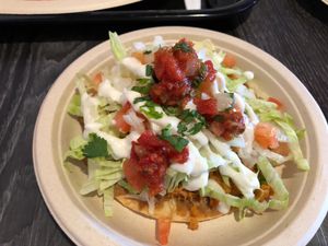 Chick'n tostada at Doomie's NextMex - Vine in Hollywood