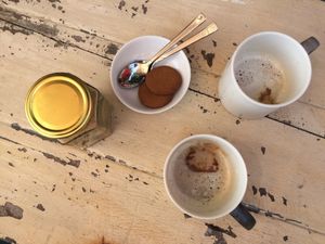 Delicious soy cappuccinos and ginger biscuits  at Ahimsa Vegan Cafe in Mirissa