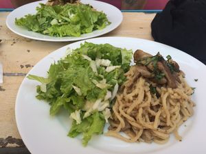 Mushrooms carbonara and salad - menu of the day at Ahimsa Vegan Cafe in Mirissa