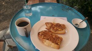 Peanut and banana toast. Tasty as f*ck at Ahimsa Vegan Cafe in Mirissa