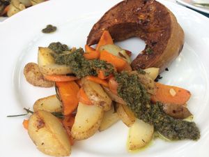 Cinnamon pumpkin, rosemary potatoes and fresh basil pesto at Ahimsa Vegan Cafe in Mirissa