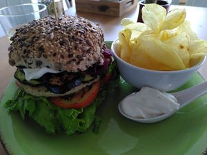 White bean burger with chips and vegan mayo at Happy Cactus in Fuerteventura