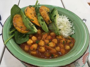 Chickpea curry with roasted sweet potato  at Happy Cactus in Fuerteventura