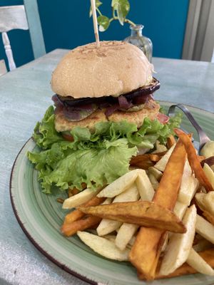 Chickpea Burger with homemade Friec  at Happy Cactus in Fuerteventura