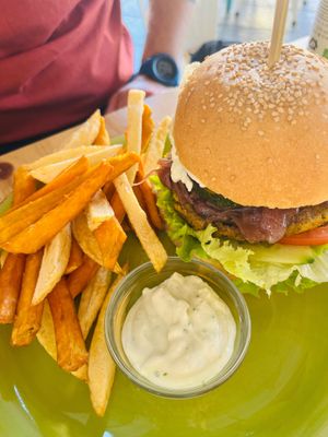 ‘Happy Burger’ bean burger with potato and sweet potato fries and garlic aioli dip  at Happy Cactus in Fuerteventura