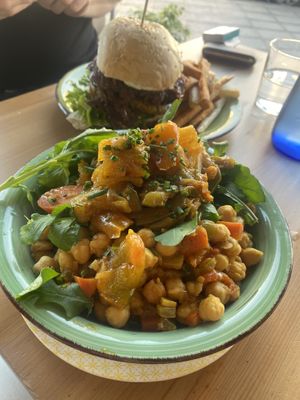 Chickpea stew and burger, both were very tasty   at Happy Cactus in Fuerteventura