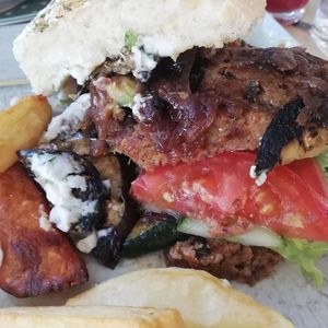 Burger with caramelised onions at Happy Cactus in Fuerteventura