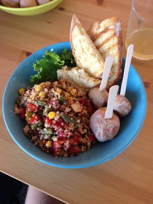 Vegan quinoa salad with hummus, bread and potatoes at Happy Cactus in Fuerteventura