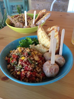 Vegan quinoa salad with hummus, bread and potatoes at Happy Cactus in Fuerteventura