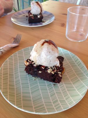 Brownie with (banana) ice cream for dessert at Happy Cactus in Fuerteventura