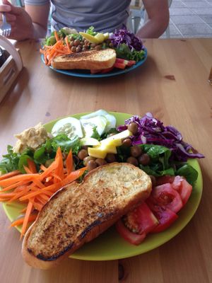 Salad of the day with different veggies and hummus at Happy Cactus in Fuerteventura