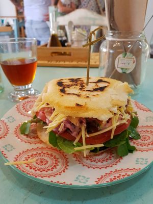 Organic coke and arepa with avocado and vegan cheese at Happy Cactus in Fuerteventura
