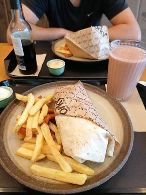 a wrap with mixed fries, mayo and a strawberry shake :) at Forky's - Veleslavinova in Prague