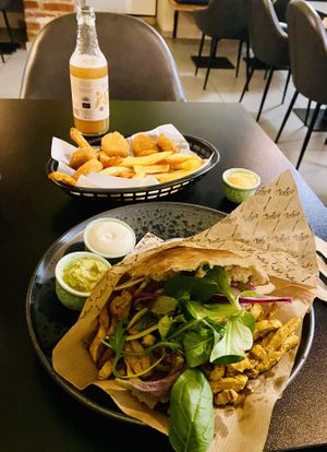 Spicy schwarma, ginger lemonade and vegan chicken nuggets.   at Forky's - Veleslavinova in Prague