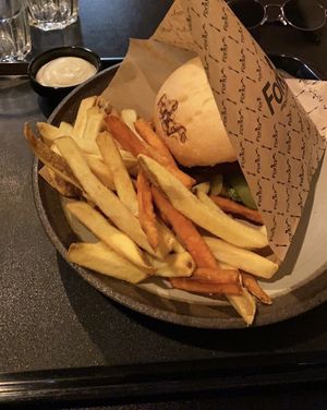 Vegan burger and fries  at Forky's - Veleslavinova in Prague