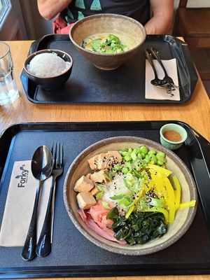 (Near) Sushi bowl (far) Thai green curry at Forky's - Veleslavinova in Prague