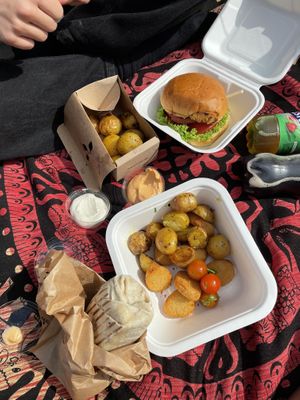 spicy burger with potatoes, shawarma wrap and nuggets  at Forky's - Veleslavinova in Prague