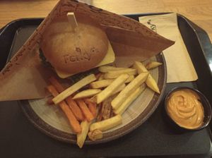 Vegan burger with cheese, sweet potato fries and chilli bbq sauce at Forky's - Veleslavinova in Prague