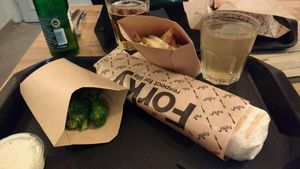 seitan wrap, broccoli, fries (unfortunately much packaging) at Forky's - Veleslavinova in Prague