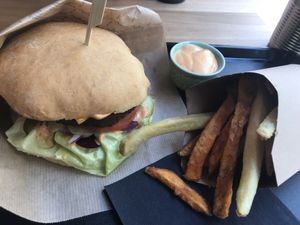 Vegan burger and fries at Forky's - Veleslavinova in Prague