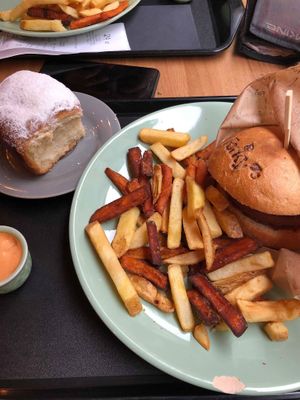 The Beyond Meat burger with fries. Fries weren't that good but the burger i really did like. Also their barbeque mayo is delicious. at Forky's - Veleslavinova in Prague