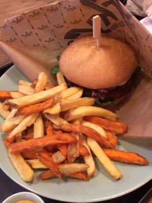 burger and french/sweet potato fries mix at Forky's - Veleslavinova in Prague