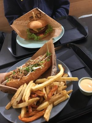 Not dog, spicy burger and fries  at Forky's - Veleslavinova in Prague