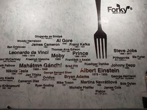 Nice detail : a wall with names of famous vegans at Forky's - Veleslavinova in Prague