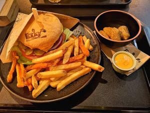 Cheeze Burger with sweet potato and potato fries, spicy sauce and extra 'chicken' nuggets and lentil rolls at Forky's - Veleslavinova in Prague