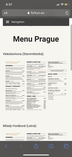 menu  at Forky's - Veleslavinova in Prague