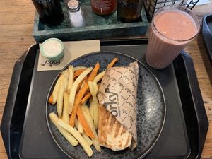Kebab tortilla wrap with berry’s Shake at Forky's - Veleslavinova in Prague