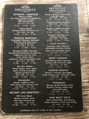 Smoothie Menu at Calorie Counter in Galle
