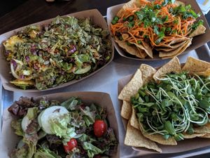 Veganised Vietnamese salad, vegan chilli with nachos, salad. at The Lively Daikon in Durango