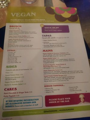 Vegan menu at Prado Lounge in Sudbury