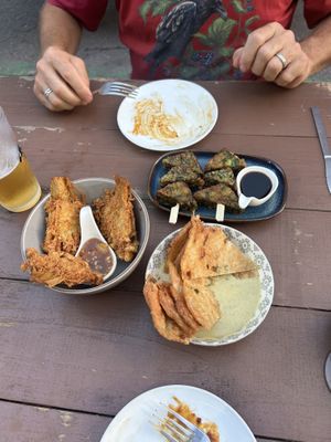 fried enoki mushrooms, chive dumplings, and scallion pancake fondue  at Bangkok Bistro in the Alley in Burlington