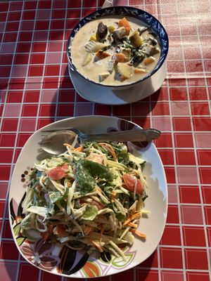 Papaya salad and green curryy  at Organic Vegetarian Food by Mrs. Pong in Koh Phangan