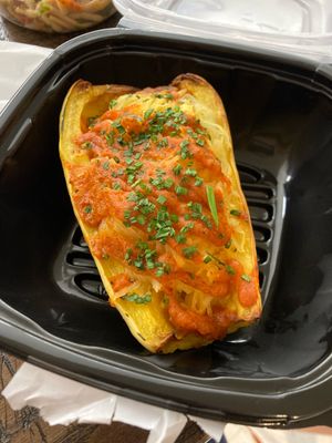 Squash boats with sweet pepper squash purée  at Sawall Health Foods in Kalamazoo