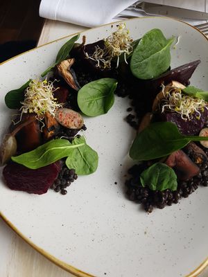 Portobello mushroom with black lentil ragout and roasted beetroot at Glow in Belgrade