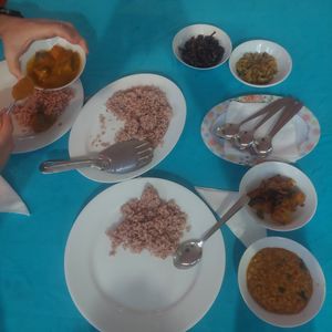 Rice and curries at Bookworm Library Restaurant in Hikkaduwa