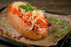 VEGAN-DOG with carrots, ginger, cheese, potatoes and BBQ sauce (300) at Vegano Hooligano - Rishelyevskaya in Odessa