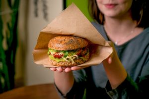 Cheeseburger with falafel, vegetables, ginger and BBQ sauce (300) at Vegano Hooligano - Rishelyevskaya in Odessa