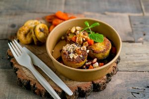 Cottage cheese pancakes with banana and  berry sauce  (220g) at Vegano Hooligano - Rishelyevskaya in Odessa