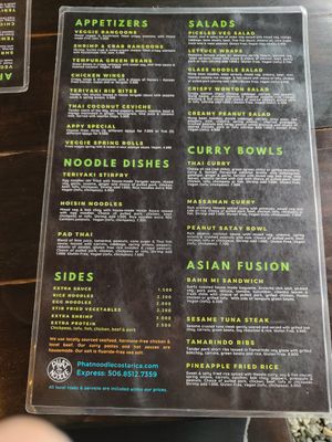 Menü at Phat Noodle in Dominical