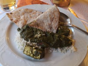 Started eating before taking the picture, sorry about that. It was rice with a spinach-tofu-something, didn't look too fancy, but it was delicious! at Shivas Garden in Villingen-schwenningen