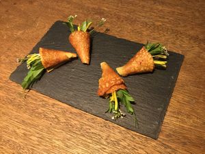 Bouquets of greens rolled up with socca. at Hikari Shokudo in Nasushiobara