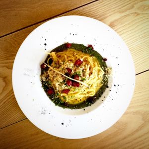 Charcoal burner style spaghetti. at Hikari Shokudo in Nasushiobara