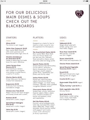 Menu in cafe (but dips etc offered at deli counter for takeaway) at Delifonseca Dockside in Liverpool