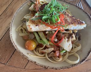 Vegan pasta with coconut crusted tofu  at Huggo's in Kailua Kona