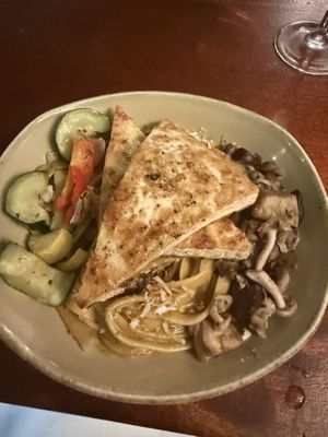 Curry fettuccine with tofu   at Huggo's in Kailua Kona
